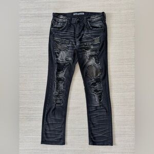 Affliction Gage Alchemy black wash straight leg distressed jeans men’s 34